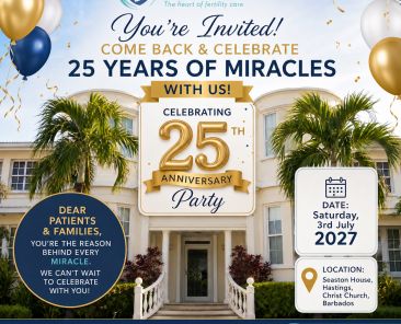 Invite02 - Barbados Fertility Centre Invitation Banner for Barbados Fertility Centre's 25th Anniversary Celebration; Includes 'you're Invited', '25 Years of Miracles' and Date Details.