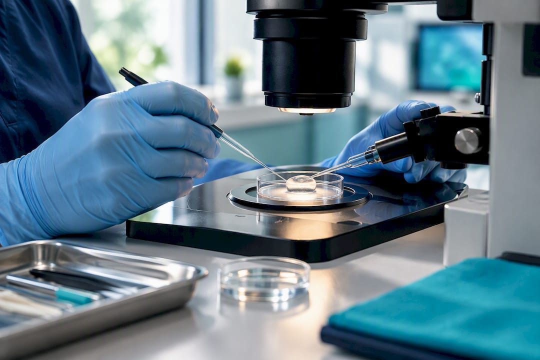 Embryologist performing ICSI on mature egg
